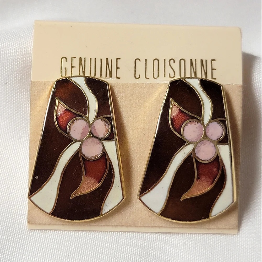 Vintage Cloisonné Earrings Flower Design